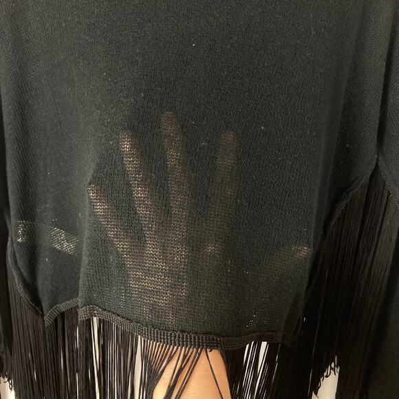 TOPSHOP Top US 8 Black Fringe/Tassels Hem&Long-Sleeve Crop Loose-Knit Cotton - Picture 6 of 11